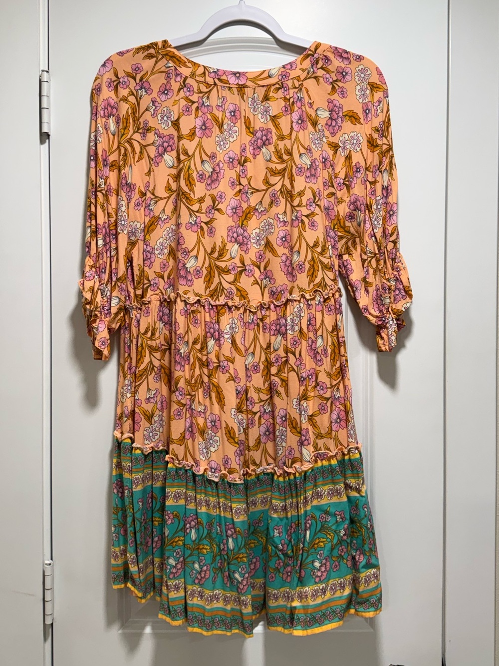 GiGIO Peach Floral Tiered Tunic with Teal Border Detail - Picture 2 of 2